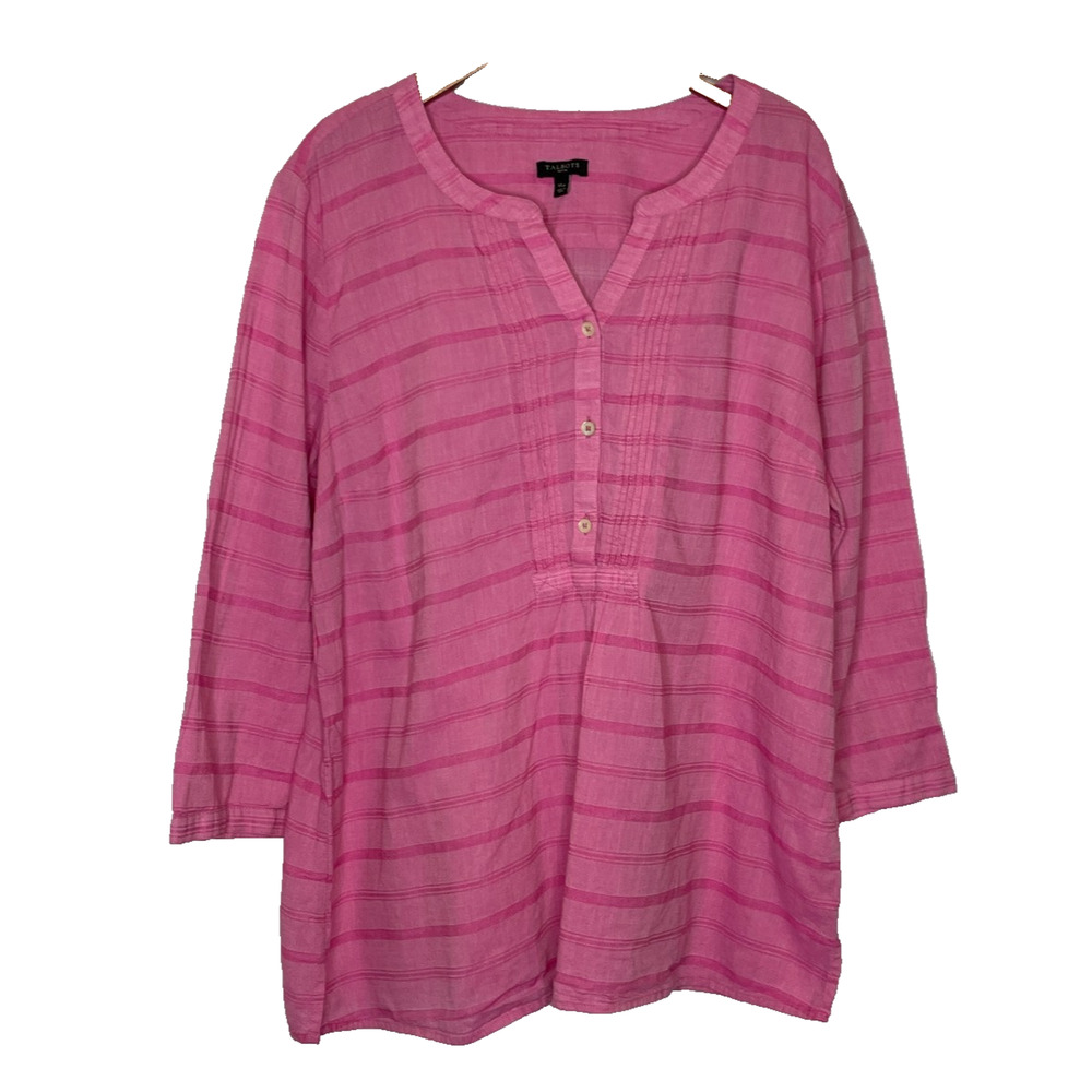Women's PXL Talbots Pink Stripe Cotton Button Front Popover Blouse